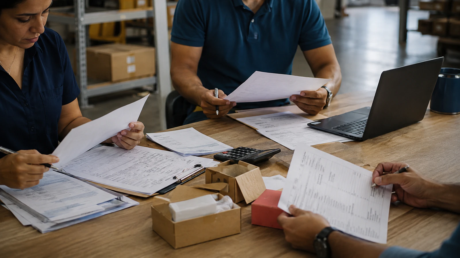 Equipo revisando documentos, costos y proveedores en un proceso de compras